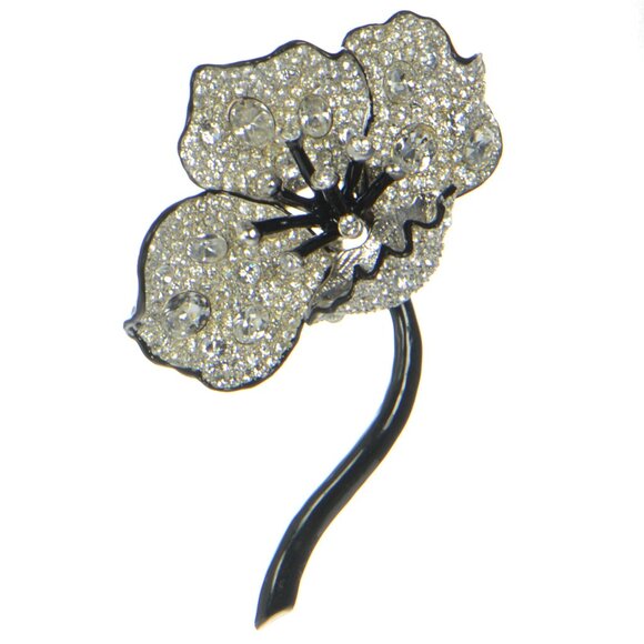Kenneth Jay Lane KJL Black Enamel & Crystal Long Stem Flower Pin Brooch - Picture 1 of 7